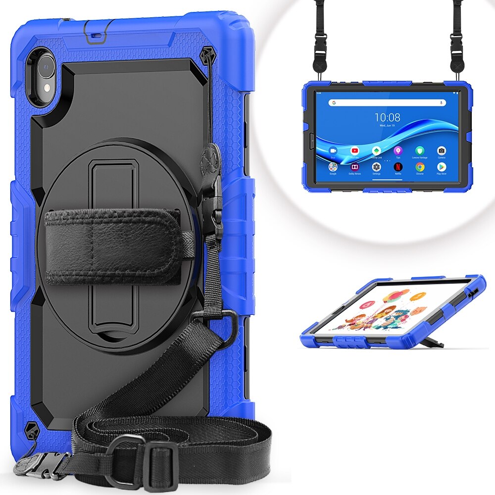 Husa tableta pentru Lenovo Tab M10 HD TB-X306X, silicon + PC, rezistenta la socuri, design colorat, cu suport si bretea de umar si mana, Albastru