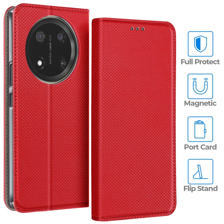 Husa Flip pentru Honor Magic 7 Lite, tip carte cu inchidere magnetica, compartiment pentru carduri, functie Stand, Rosie