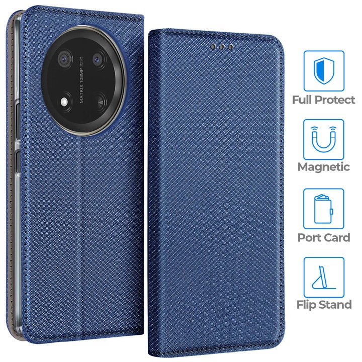 Флип калъф за Honor Magic 7 Lite, тип карта с магнитно закопчаване, отделение за карта, функция стойка, син