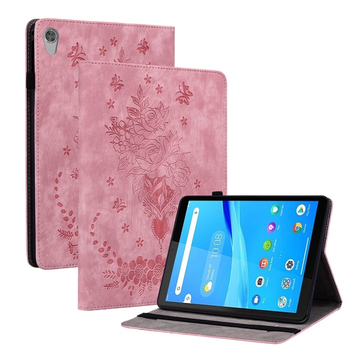 Husa tableta pentru Lenovo Tab M8 HD, piele PU embosata cu fluturi si trandafiri, tip carte, inchidere magnetica, roz