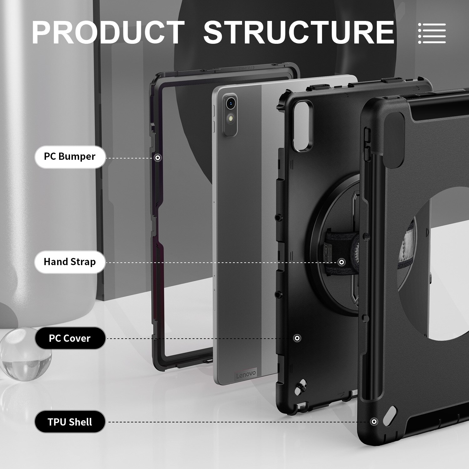 Husa tableta pentru Lenovo Tab P11 2nd Gen, material TPU, tip design trei straturi, suport, protectie, Negru