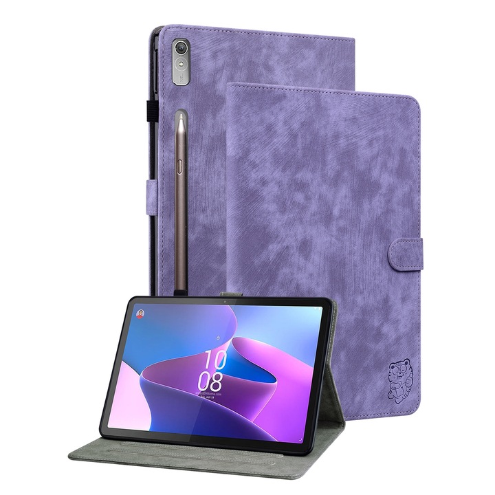 Husa tableta pentru Lenovo Tab P11 Pro Gen 2 11.2, model cu model de tigru, din piele, tip flip, protectie completa, acces la porturi, mov