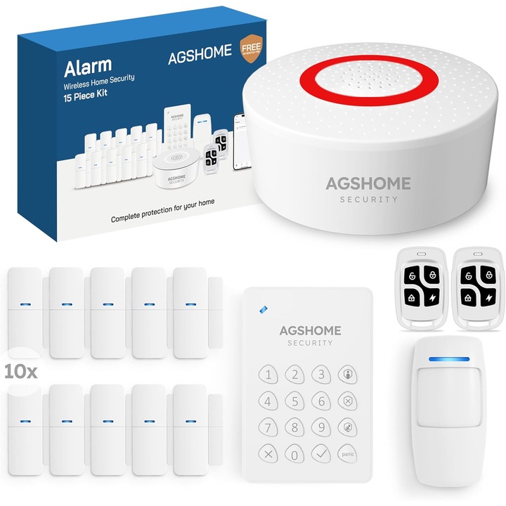 Sistem de alarma wireless, AGSHOME, set 15 piese, 120dB, cu senzori pentru usi si feronerie, telecomenzi, senzor de miscare, tastatura wireless