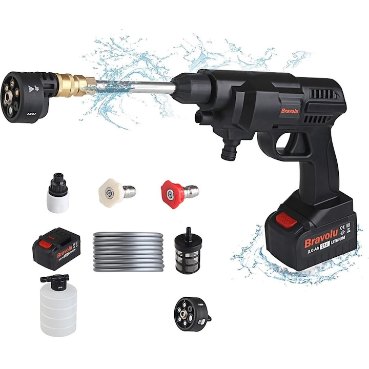 Pistol de spalat cu presiune portabil Bravolu, 24V, 430 PSI, 6 in 1