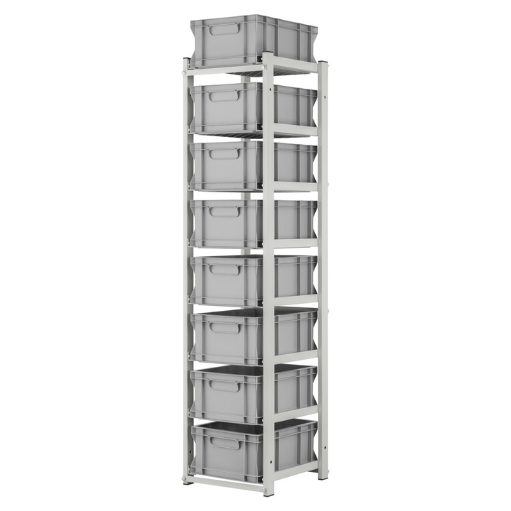 Raft metalic cu 8 recipiente, QBOX, 400x300x170 mm, gri, 43x41x155 cm