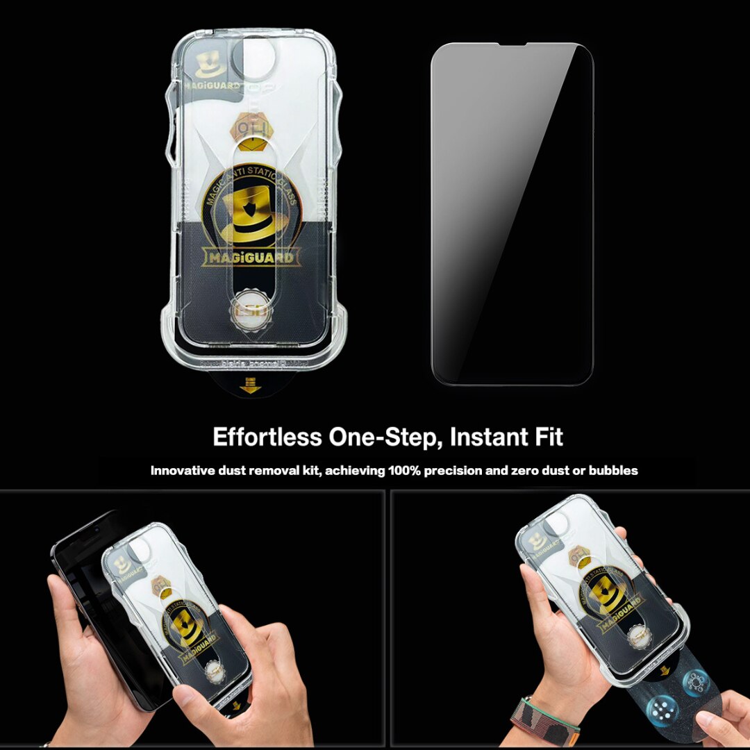 Folie de Protectie Transparenta HD Compatibila cu iPhone 16, Sticla Premium HD cu Carcasa pentru Aplicare Automata, Elimina Bule si urme de Praf, Hidrofoba, Full Cover, 0.3mm, Anti-Amprente, Dust Removal