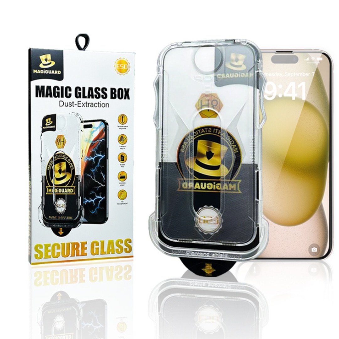 Folie de Protectie Transparenta HD Compatibila cu iPhone 16, Sticla Premium HD cu Carcasa pentru Aplicare Automata, Elimina Bule si urme de Praf, Hidrofoba, Full Cover, 0.3mm, Anti-Amprente, Dust Removal