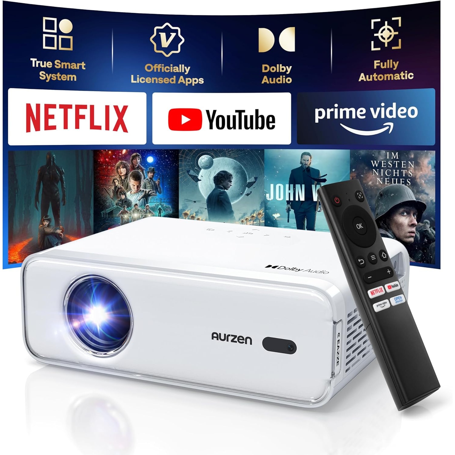 Videoproiector Aurzen D1, Full HD 1080P, 4K, Dolby Audio, 200 inch
