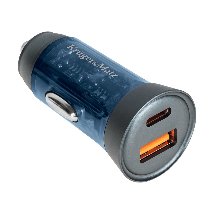 Incarcator auto, 43 W, USB A/USB tip C, Kruger&Matz, aluminiu, 12-24 V