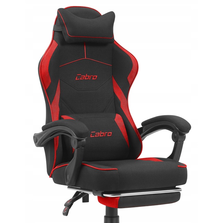 Геймърски стол Cabro C502, черно-червен, дишащ материал, лумбална опора, комплект