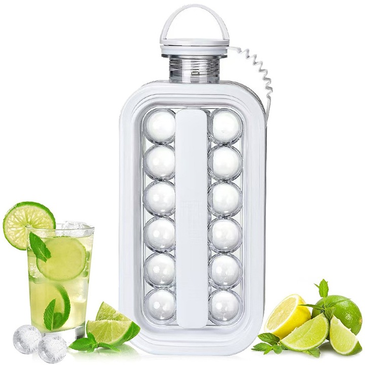 Forme cuburi de gheata, 2 in 1, material PP ecologic de calitate alimentara, portabil, umplere si demolare usoara, sigilare puternica, poate produce 17 de bile de gheata deodata, culoare alba