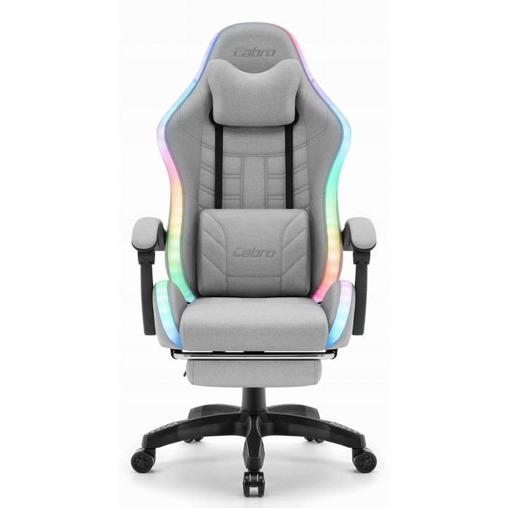 Геймърски стол Cabro C501, сив, плат, лумбална опора, LED осветление, 150 кг, 126-136 см