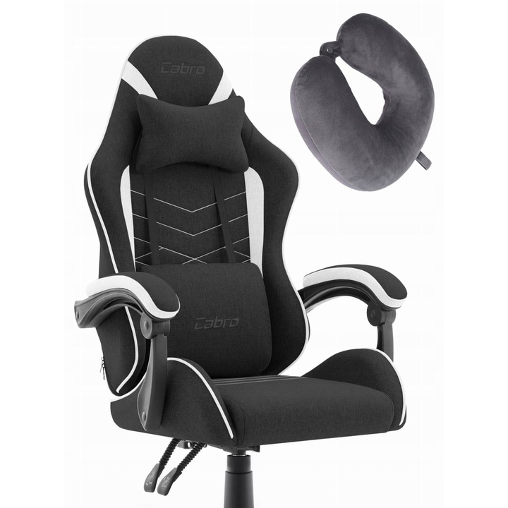 Геймърски стол Cabro C500, черно-бял, текстилен материал, лумбална опора, регулируема височина 43-52 см