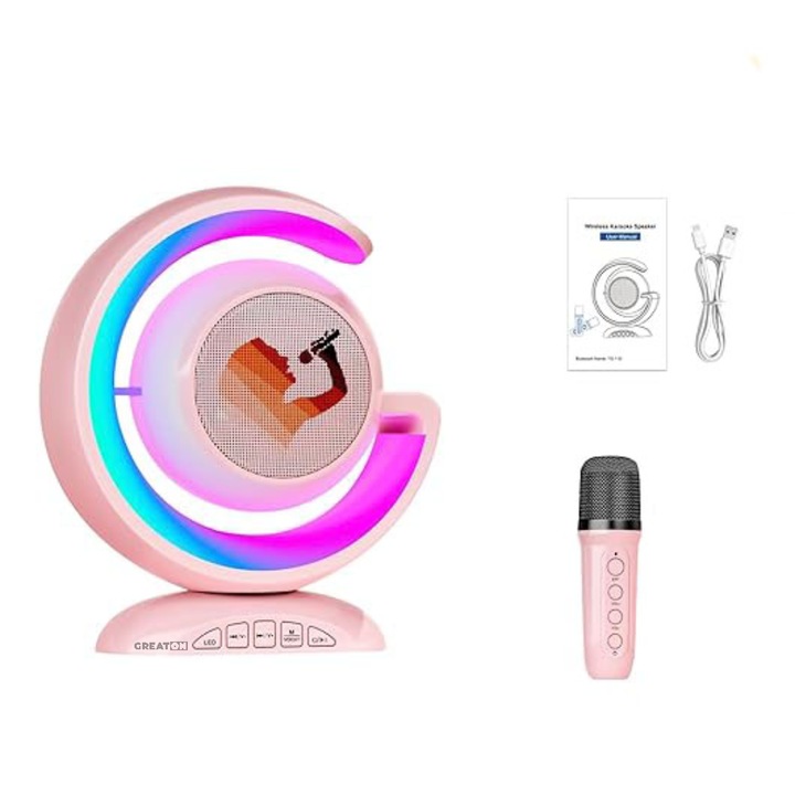 GREATON YS110 Безжичен караоке комплект, смарт станция с микрофон и високоговорител, RGB LED светлини, телефонна връзка, слот за карта, преносим комплект 2 в 1, за деца и възрастни, розов