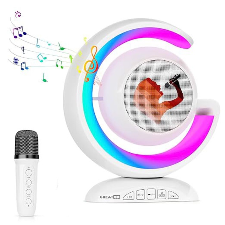 GREATON YS110 vezeték nélküli karaoke szett, okosállomás mikrofonnal és hangszóróval, RGB LED világítás, telefoncsatlakozás, kártyanyílás, 2 az 1-ben hordozható készlet, gyerekeknek és felnőtteknek, fehér