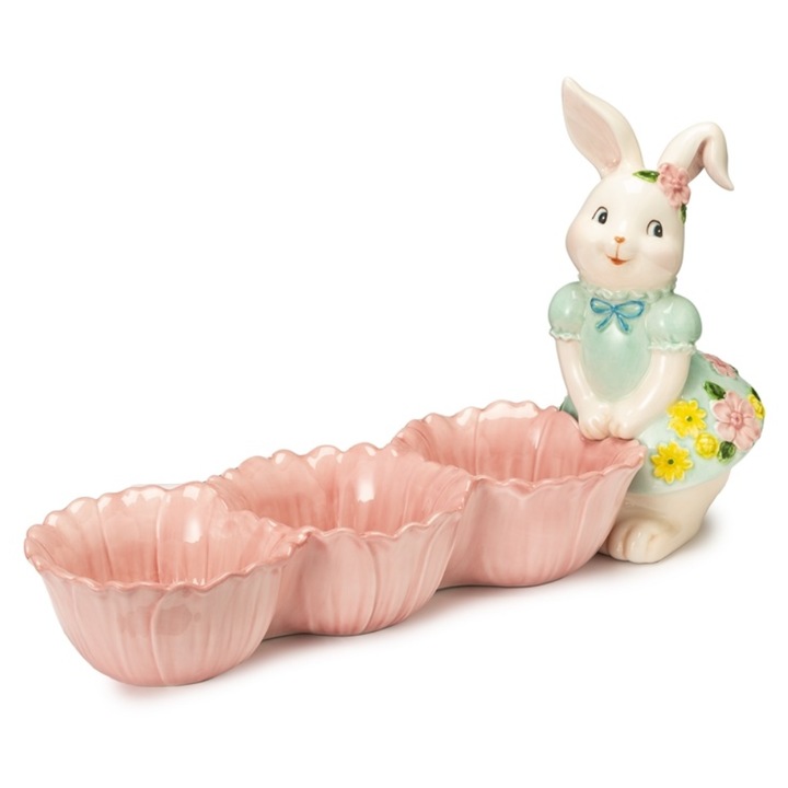 Suport pentru 3 oua cu iepuras din portelan, 32x18cm