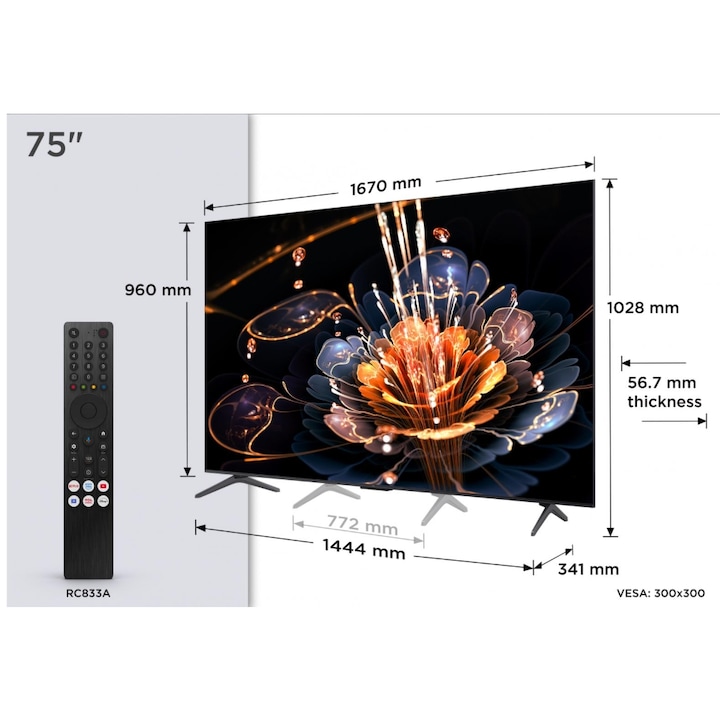 Смарт мини LED телевизор TCL 75C61KS, 189 см, Ultra HD 4K, CI+, Черен