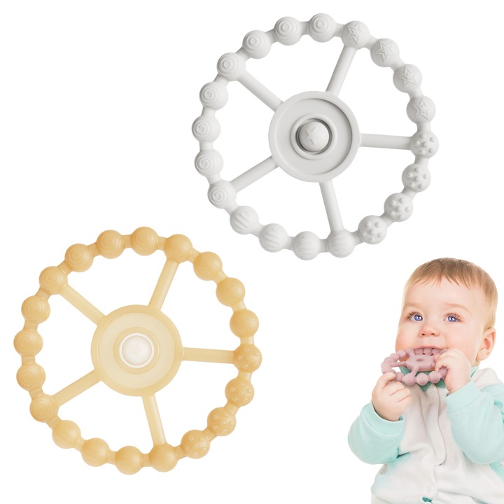 Set 2 Jucarii pentru Dentitie, Inel din Silicon cu 5 Texturi, Alb\auriu, 0-24 luni-QiFeng™