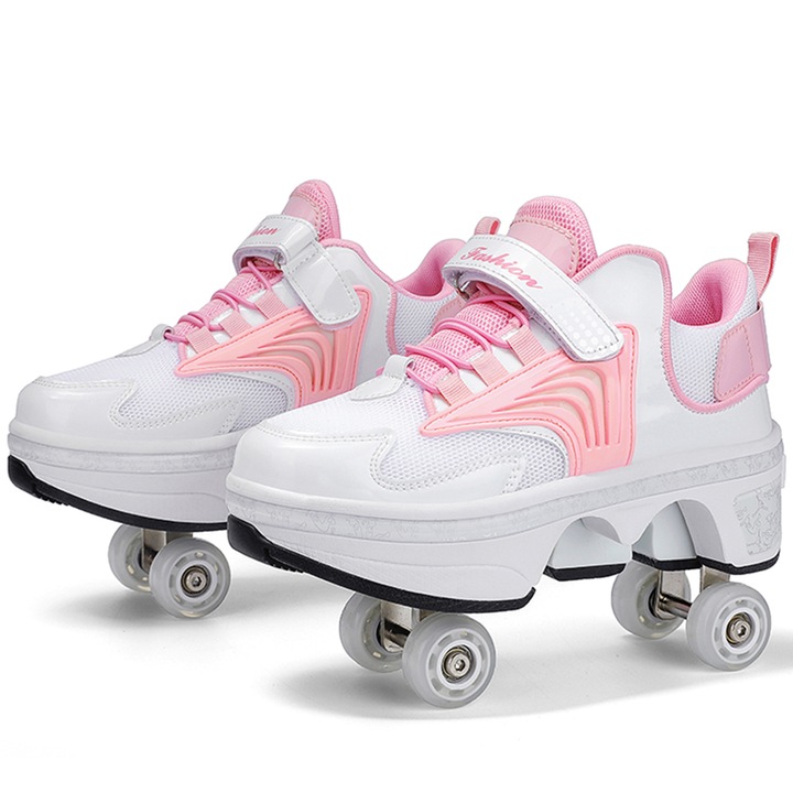 Role adulti, Pantofi de mers automat cu roti deformabile, Patine cu rotile, 4 roti, Roz Crem, 37