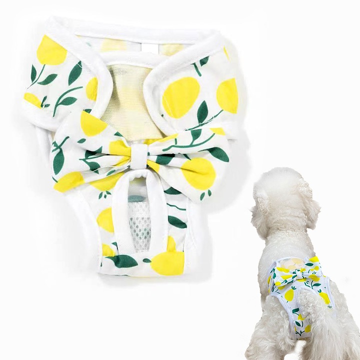 Pantaloni igienici pentru caini, bumbac moale, galbeni, impermeabili, confortabili, model vegetal, M