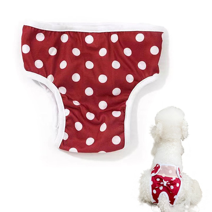 Pantaloni de igiena caine, bumbac moale, rosu, rezistent la apa, motiv punct de unda, S-numar