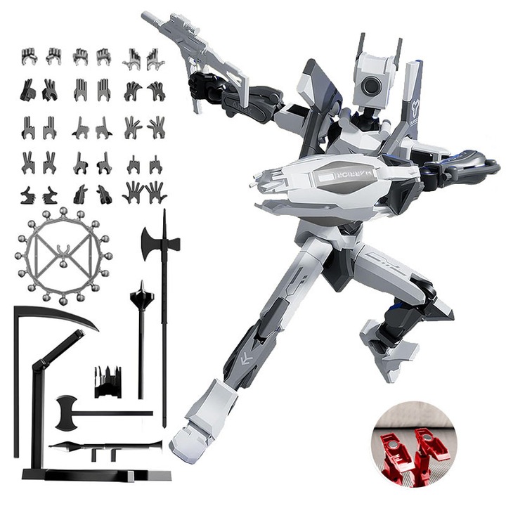 Robot figurina cu articulatii, cu fixare magnetica, cu suport, DIY, asamblare manuala, 15 gesturi diferite, multiple arme, articulatii mobile, multiple pozitii, alb