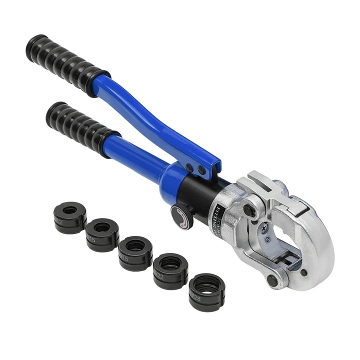 Hidraulikus krimpelőfogó készlet, kézi krimpelőszerszám, 5 db V-alakú menetvágó, 360°-ban forgó fej, kék