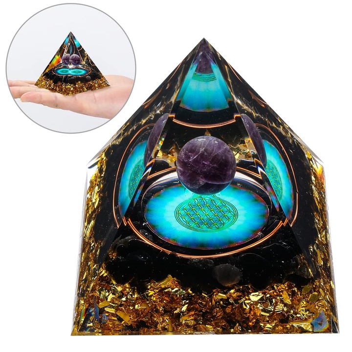 Orgonpiramis természetes ametiszt kristályokkal, obszidiánnal, aranyfóliával, természetes gyantával, Lecheng®-gel, jógához, stresszoldáshoz, meditációhoz, gazdagság és szerencse vonzásához, az élet magja