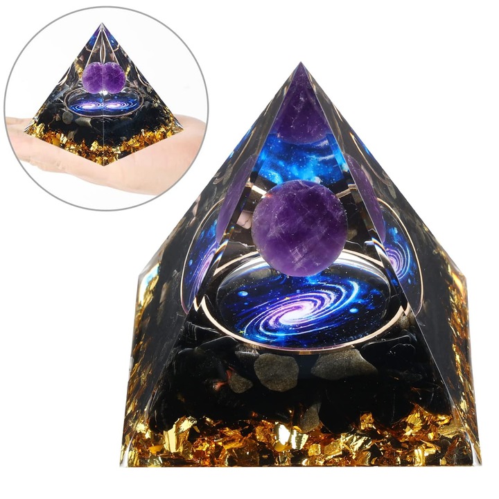 Orgonpiramis természetes ametiszt kristályokkal, obszidiánnal, aranyfóliával, természetes gyantával, Lecheng®-gel, jógához, stresszoldáshoz, meditációhoz, gazdagság és szerencse vonzásához, Nebula