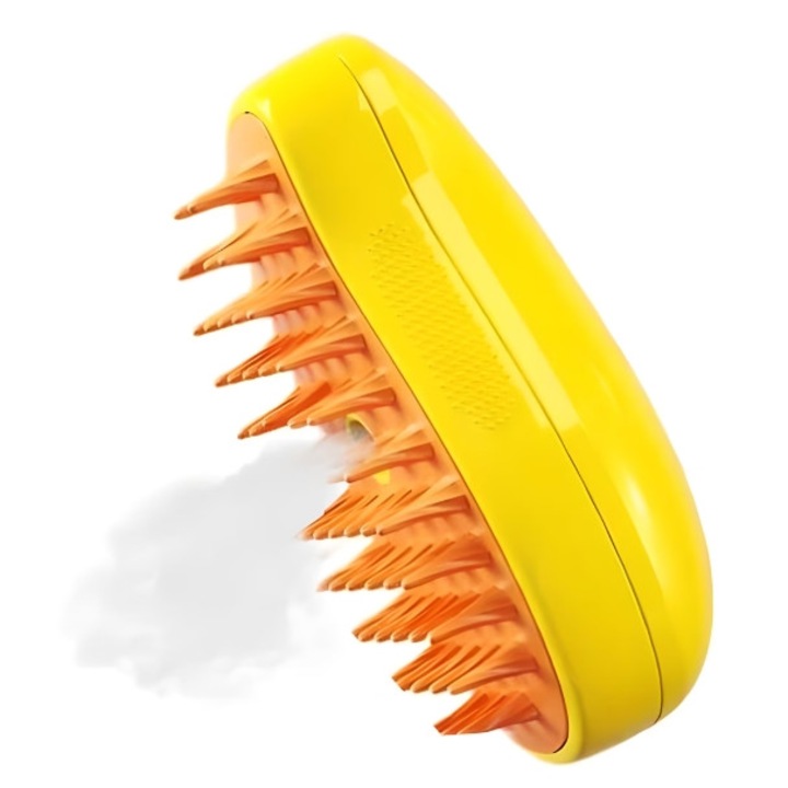 3 az 1-ben multifunkcionális kisállat-kefe gőzöléssel, szórófejjel és beépített adagolóval, ideális macskaápoláshoz és a kihullott szőr hatékony eltávolításához, USB-n keresztül tölthető, sárga
