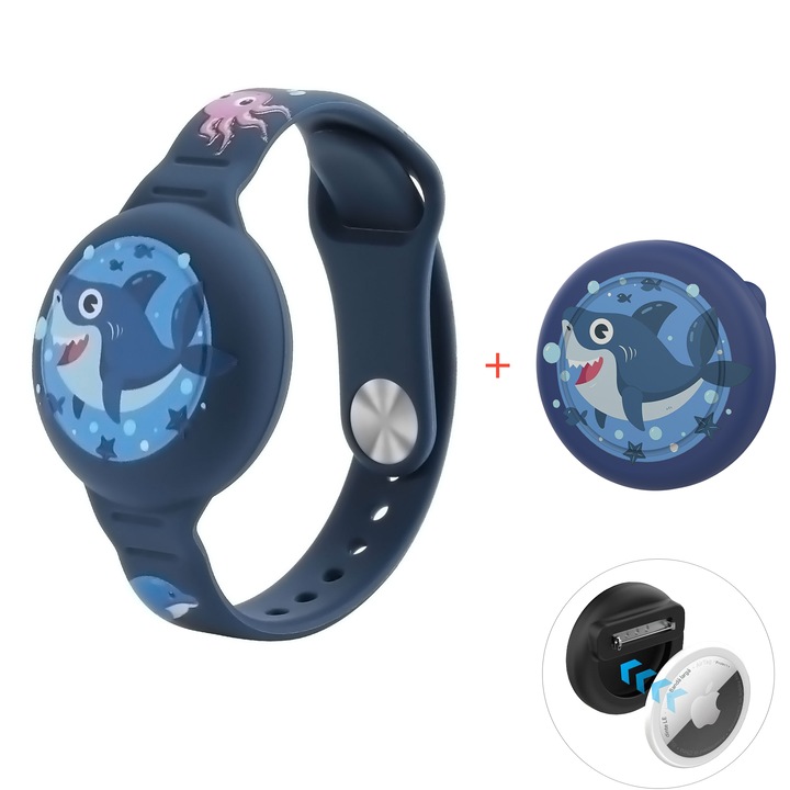 Set 2 huse pentru AirTag, 1x Curea de ceas，1x Pini din silicon，Pentru copii, varstnici, Ajustabila14cm-18cm, Rechin, Albastru inchis