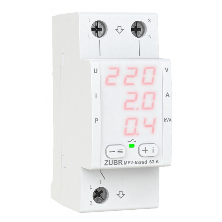 Releu de tensiune monofazat ZUBR MF2-63 RED - Curent reglabil 0.1-63A, protectie termica, afisaj LED, montaj DIN