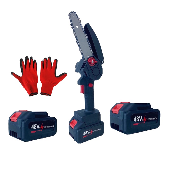 Mini fierastrau 700W cu lant electric portabil Drujba, 2 x Acumulator 48V, Lama 15 cm, 2 x Lant 6 inch, manusi de protectie inclus, 5000mAh, Rama Ajustabila, Accesorii, Negru, HAPPY JOKER®