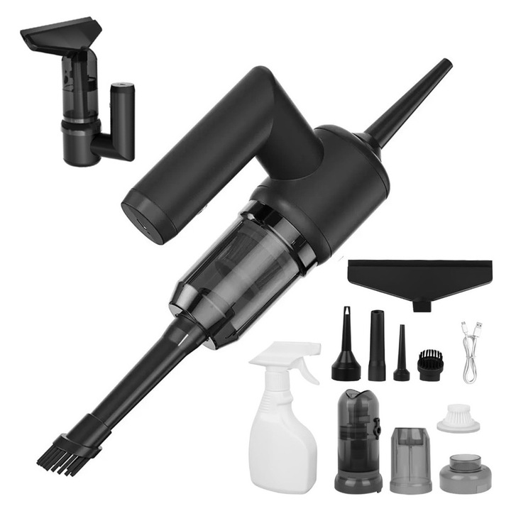 Aspirator de mana portabil reincarcabil 5 in 1 - Curatator de geamuri fara fir, Umeda si uscata, Aspirare, Suflare, Sigilare, Ideal pentru casa si masina, Recipient mare pentru praf 200 ML, Putere 5500 PA, 7.4V, 2000 mAh, Autonomie 30 min – Negru