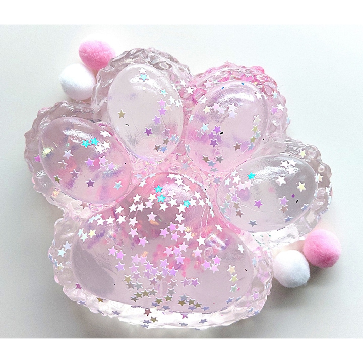 Jucarie antistres Squishy cu revenire lenta – Laba de pisica (Cat Paw), roz, cu sclipici si stelute – Relaxare & Cadou