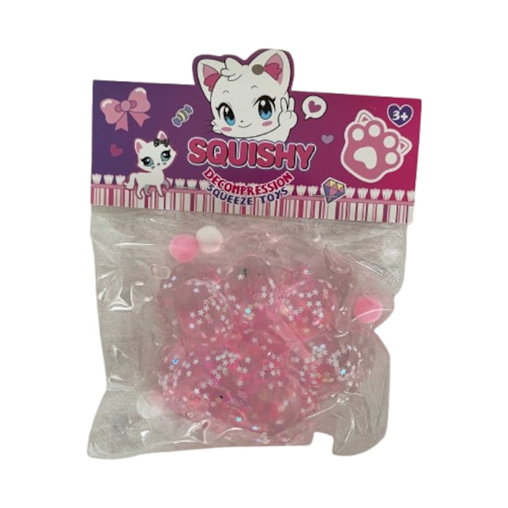 Jucarie Antistres Squishy, Model Cat Paw - Labuta de pisica transparenta cu stelute Roz