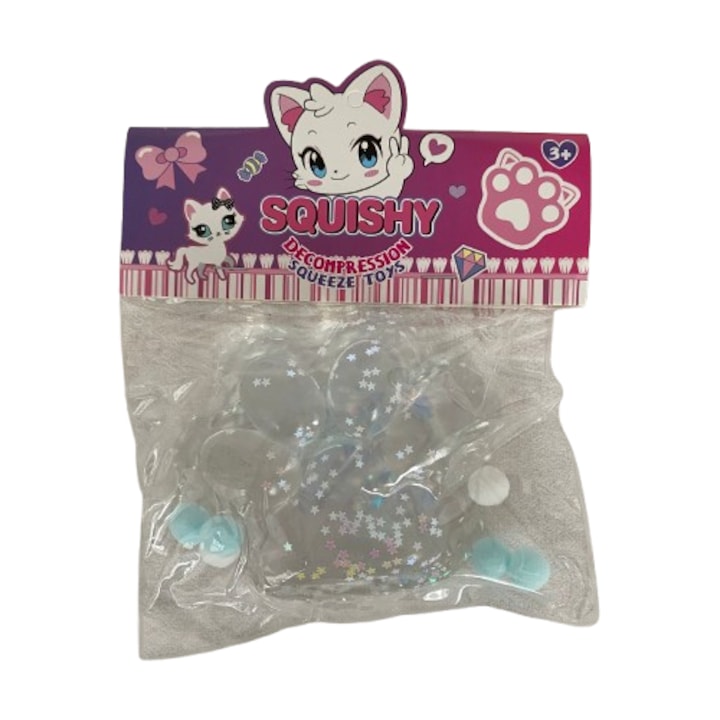 Jucarie Antistres Squishy, Model Cat Paw - Labuta de pisica transparenta cu stelute Albastru-Bleu