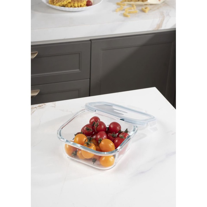 Recipient alimentar dreptunghiular din sticla TOO KT-86, 520 ml, rezistent la caldura, cu capac din plastic atasabil