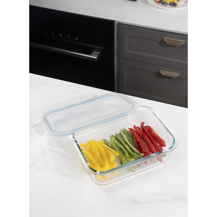 Recipient alimentar dreptunghiular din sticla TOO KT-84, 1520 ml, rezistent la caldura, cu capac din plastic atasabil