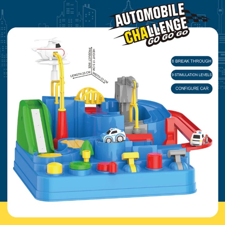 Set interactiv pista de masini, traseu cu obstacole, elemente mobile, butoane control, 2 masinute, jucarie Interactiva, pentru Copii, Baieti si Fete, + 3 ani, Multicolor