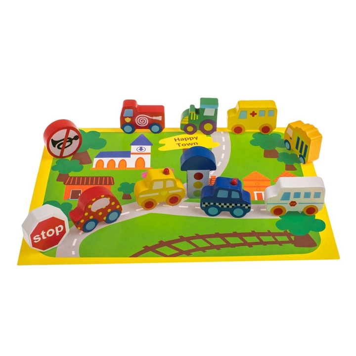 Set Din Lemn Autostrada 3D Cu 12 Figurine Vehicule Semne Circulatie 22x29cm 12+ Luni