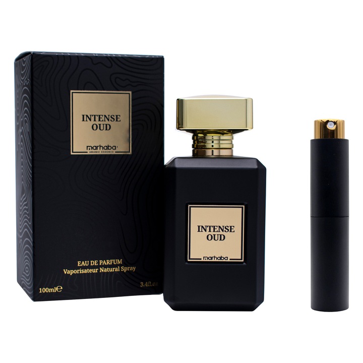 Set Parfum unisex Intense Oud, Marhaba – EDP 100 ml + travel kit reincarcabil 10 ml