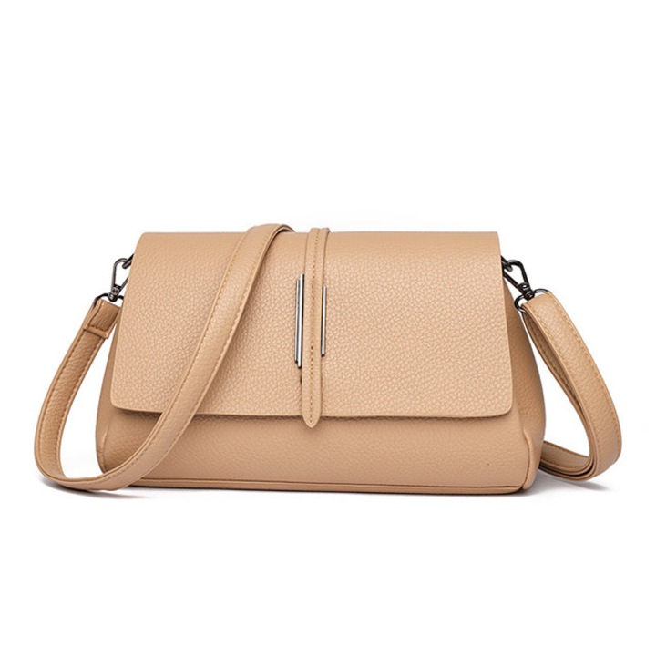 Női táska, vállpánttal, különböző belső rekeszekkel, ökobőr, khaki színben