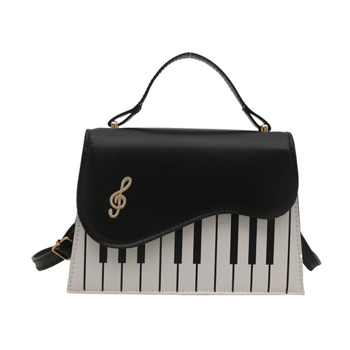 Geanta dama, design piano, cu bareta pentru umar si maner, diverse compartimente interioare, piele ecologica, negru