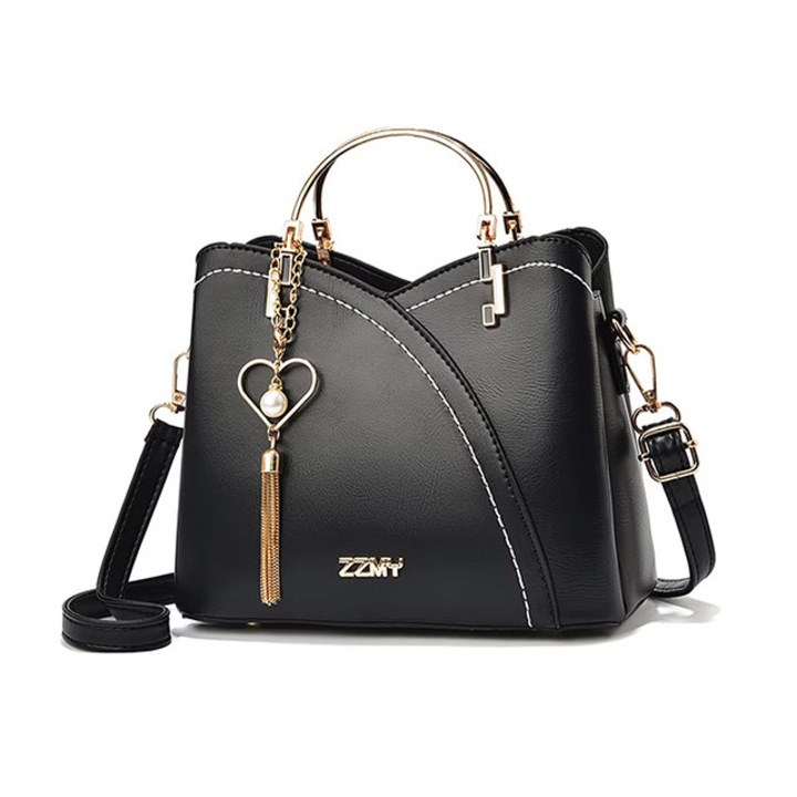 Női táska, vállpánttal és két fix fogantyúval, sok rekesszel és szív medállal, öko bőr, fekete