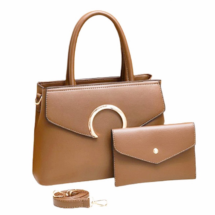 Női táska szett pénztárcával, 2 részes, ekológikus bőr, vállpánttal és két fix fogantyúval, különböző rekeszekkel, khaki színben