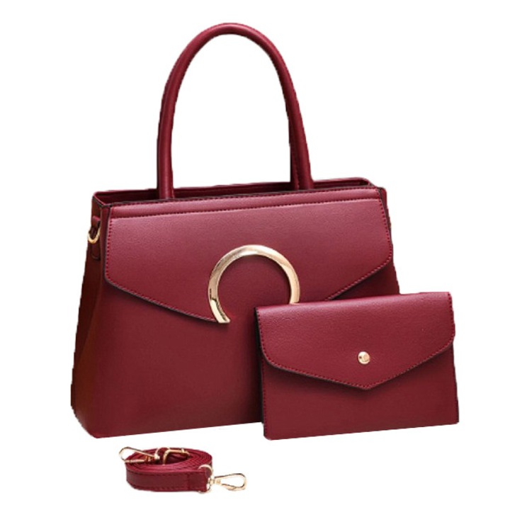 Női táska szett pénztárcával, 2 részes, ekológikus bőr, vállpánttal és két fix fogantyúval, különböző rekeszekkel, sötétpiros