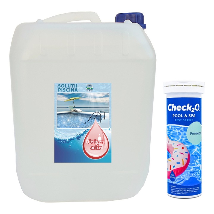 Pachet Oxigen Activ 12%, pentru persoane fizice, 10ltr si tester benzi Pool&Spa oxigen, Solutii Piscina