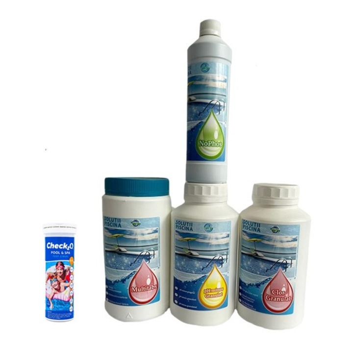 Set intretinere Solutii Piscina, ph minus granulat 1.5 kg, Clor granulat 1kg, Clor Multitabs 1.4kg, SP NoPhos 0.5 ltr, tester benzi 6in1