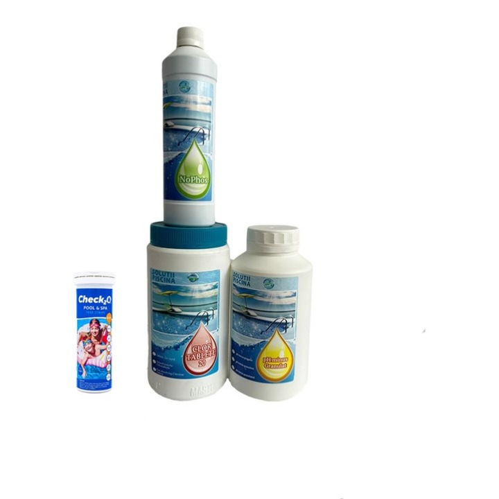 Set Solutii Piscina, mini piscine fara filtrare, Ph minus granulat 1.5 kg, Clor tablete 20 efervescente 1kg, SP NoPhos 0.5 ltr, tester benzi 6in1
